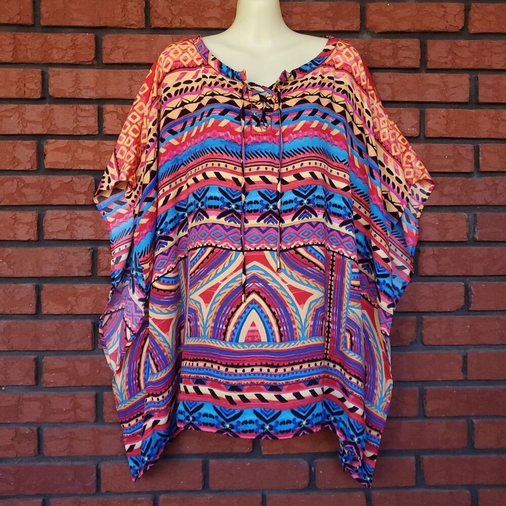 Colorful Tunic Kaftan XL Beach Pool Coverup Lace Up Neckline Polyester 29 x 36